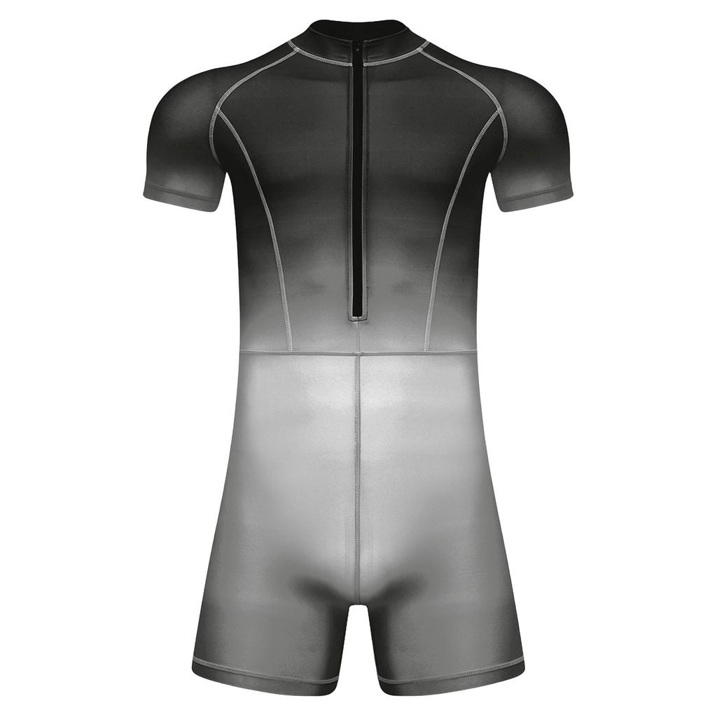 Herren Gradient Rash Guard Jumpsuit Kurzarm Reißverschluss vorne Boyshorts Body Einteiler Badeanzug