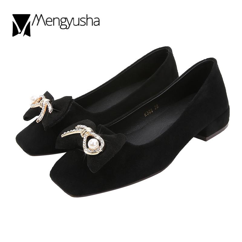 Mode Übergröße 34-43 Oma Schuhe Damen flache Mary Janes eckige Zehen dicke Absätze Slipper Perle Kristall Schleife flache Schuhe Frau