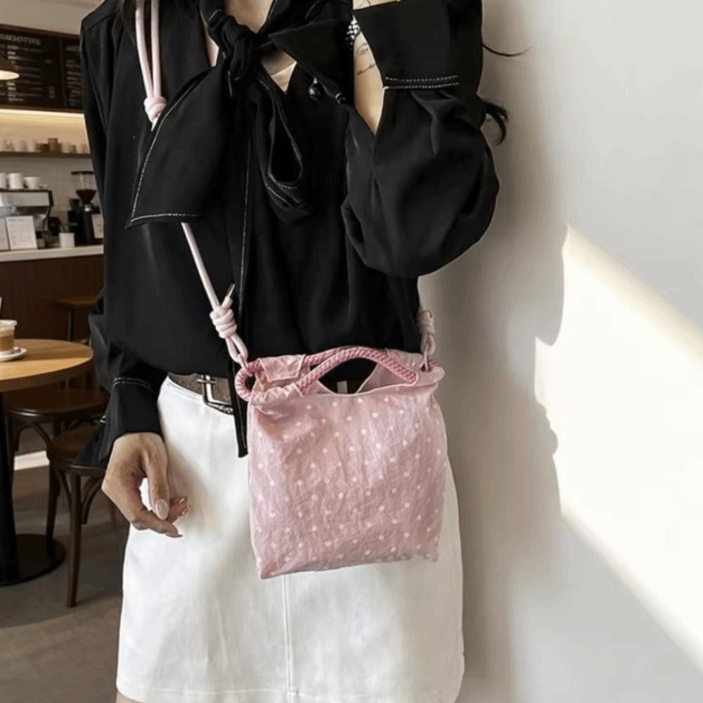 Nylon Polka Dot Shoulder Bag Drawstring Closure Female Tote Bag Crossbody Bucket Bag Outdoor