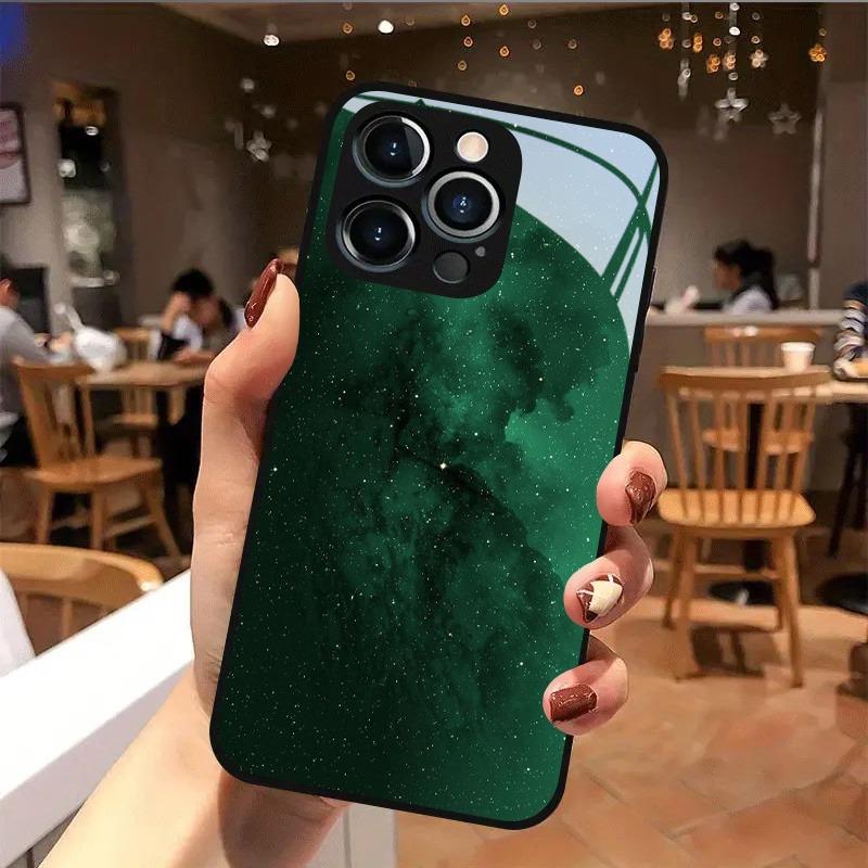 Dark Green Starry Sky Pattern Tempered Glass Black Phone Case For iPhone 11 12 13 14 15 16 17 Pro Max 17 Air 7 8 Plus XS X Cover
