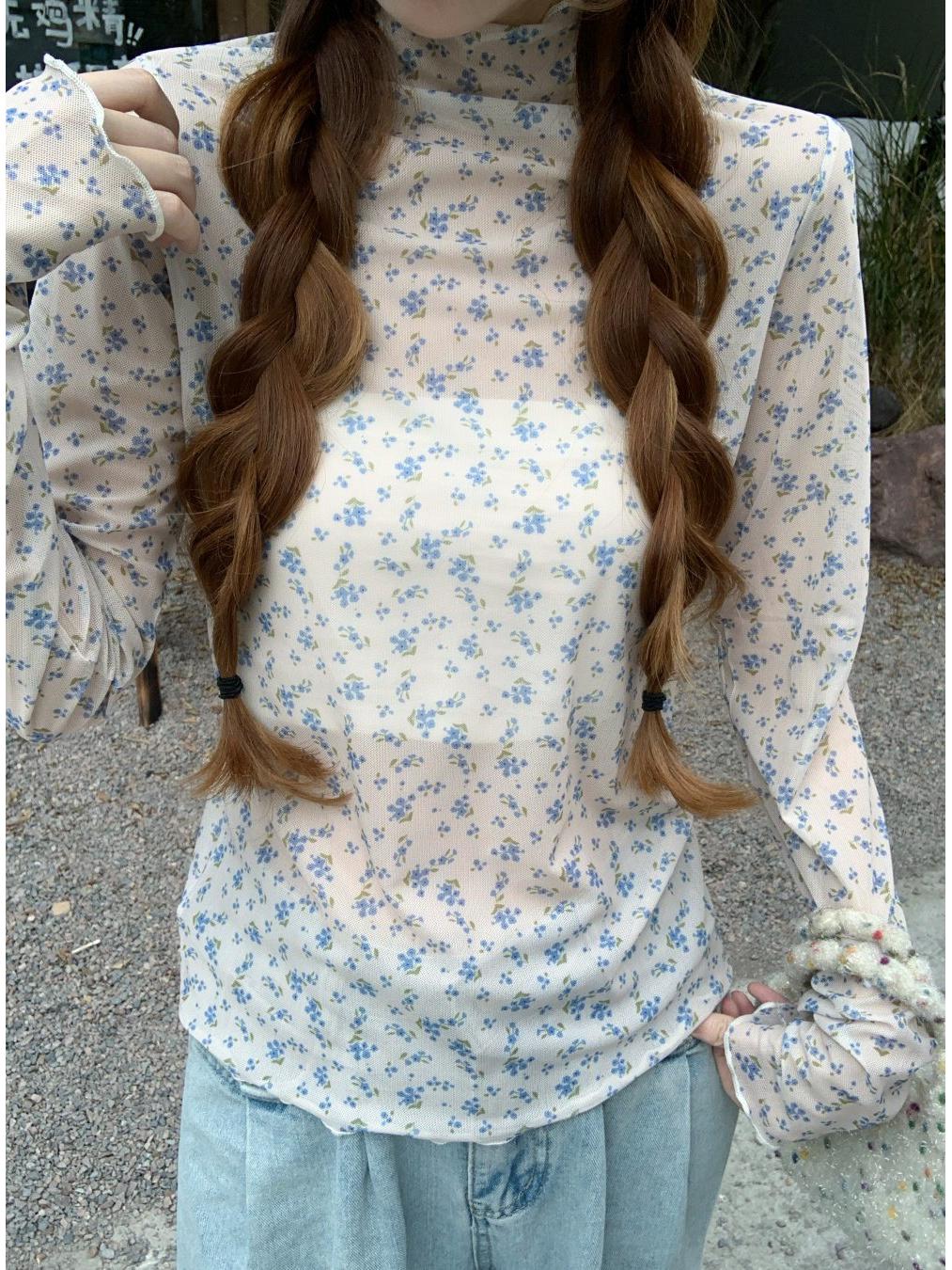 Women s Blue Floral High-Neck Long-Sleeve Ruffled Top - Autumn Korean Style, Slightly Sheer Extra Large