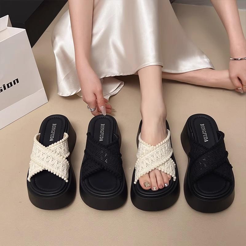 Small Height Increase Thick Bottom Cross Fashion Woven Slippers Women's Summer Wear Casual Vacation Seaside Beach Cool Slippers