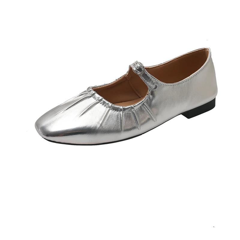 2025 Mary Jane Shoes Glossy Leather Ballet Flats Fashion Pleated Low Heel Single Loafers Women Soft Sole Casual Mules Pumps