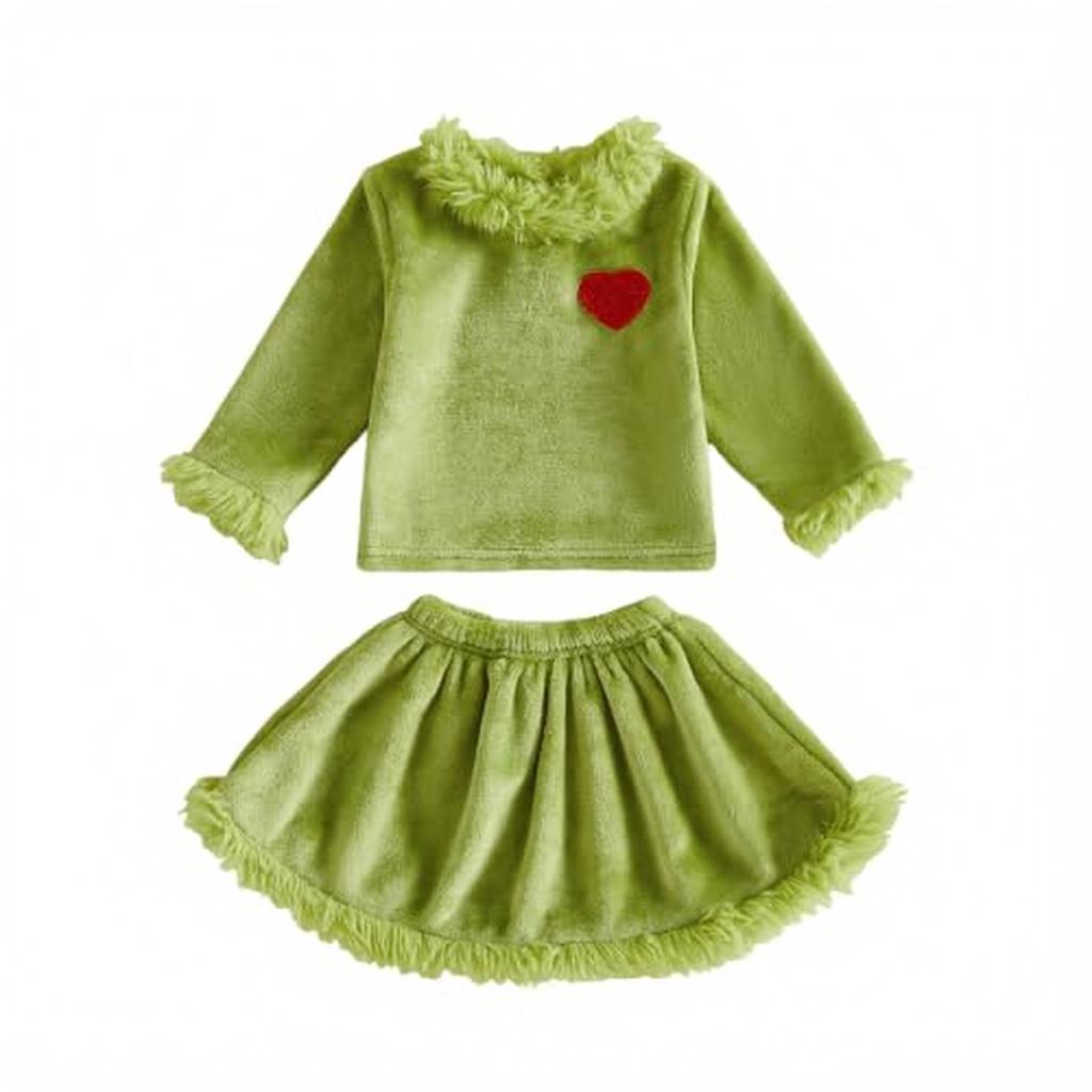 Christmas Outfit Green Velvet Top and Skirt Set with