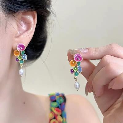 Flowers Dripping Oil Pearl Earrings European American Style Personalized Fashion Stud Earrings Ladies Girls Travel Accessories