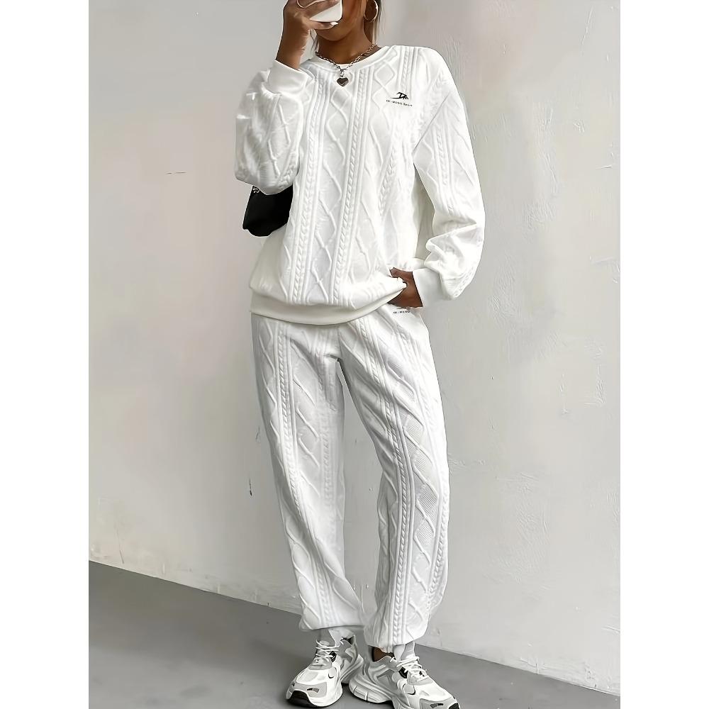 Women's Round Neck Long Sleeve Loose Cable Knit Two Piece Casual Tracksuit Elastic Waist Jogger Pants Matching Outfit