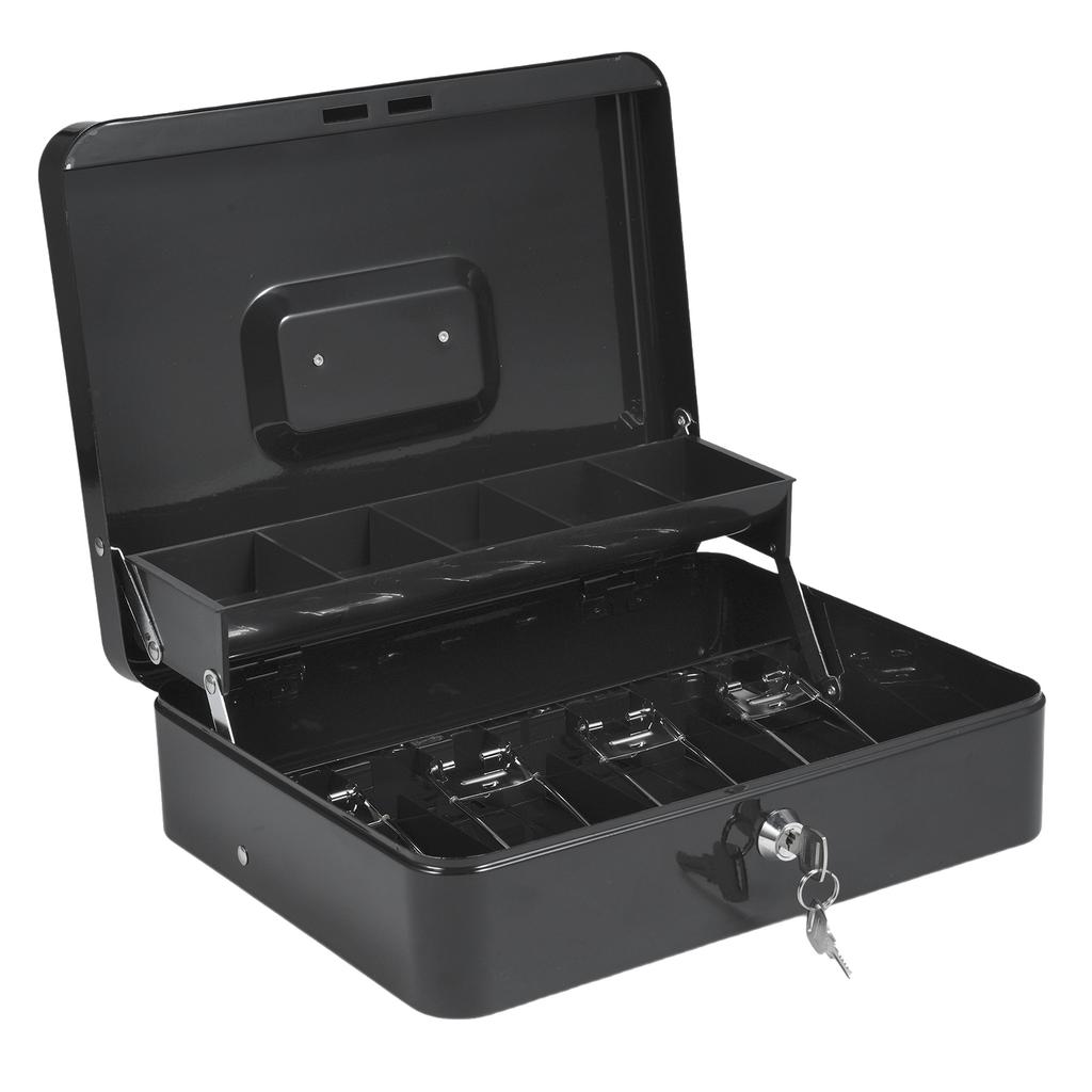 Cash Box Metal Money Box with 5 Coin Trays Cantilever Design & 4 Bill Slot with Spring Clips To Organize and 2 Keys