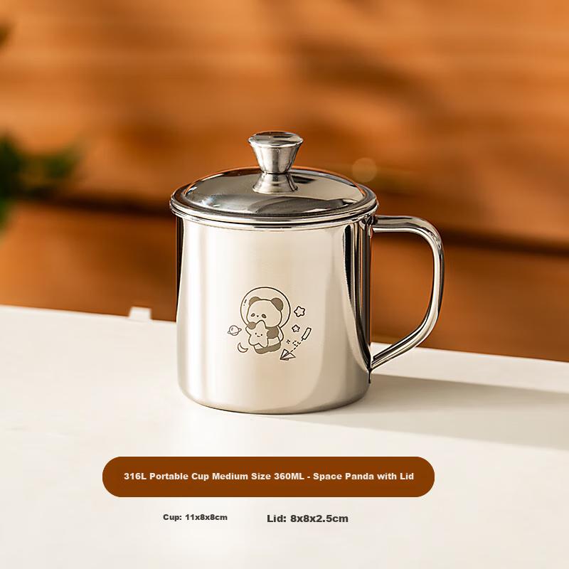 Onlycook 316L Stainless Steel Kids Water Bottle Breakfast Milk Cup Infant Toddler Drinking Cup with Panda Lid 360ml