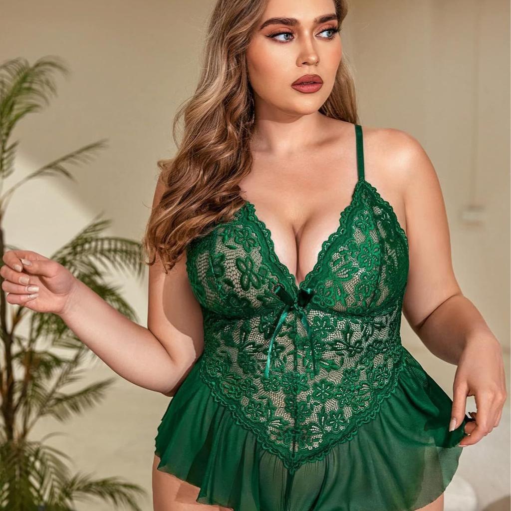 European and American fun sexy lace bow lace deep V large size group pajamas dress