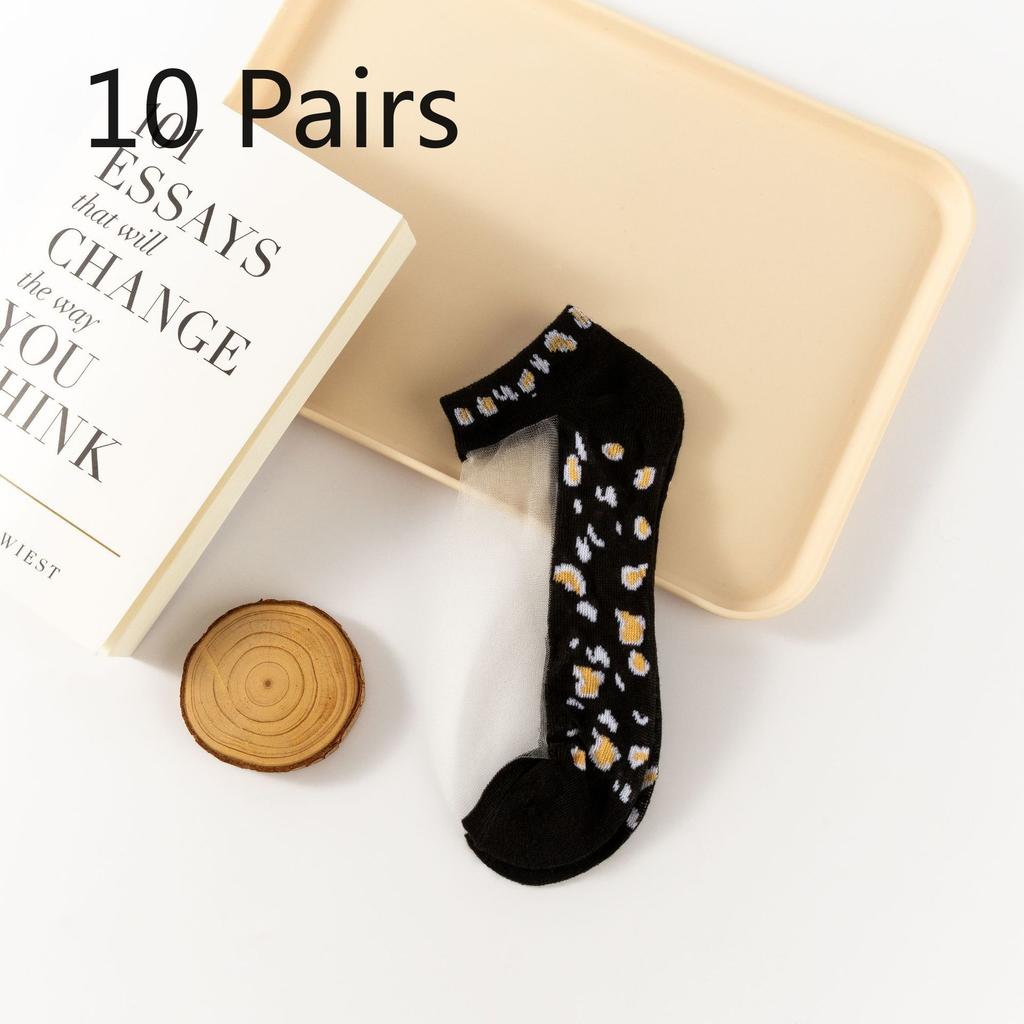 10 Paar Sommer-Kurzsocken mit Leopardenmuster, Kristall-Socken, Atmungsaktive und vielseitige Damensocken, Dünne Socken aus Glasfaser für Damen