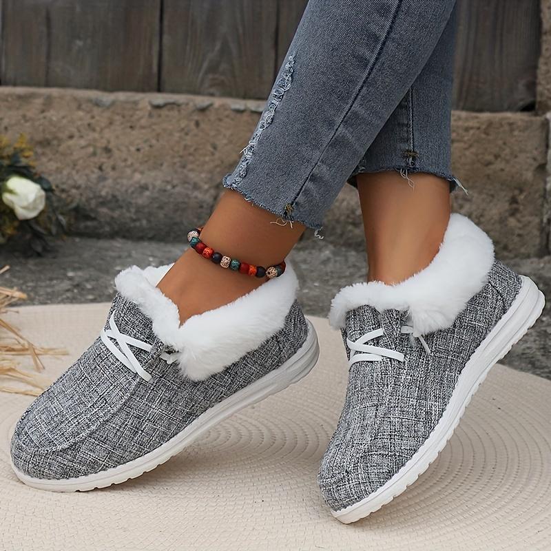 Women's Plush Lined Canvas Shoes, Winter Thermal Low Top Slip On Snow Shoes, Comfy Outdoor Sneakers