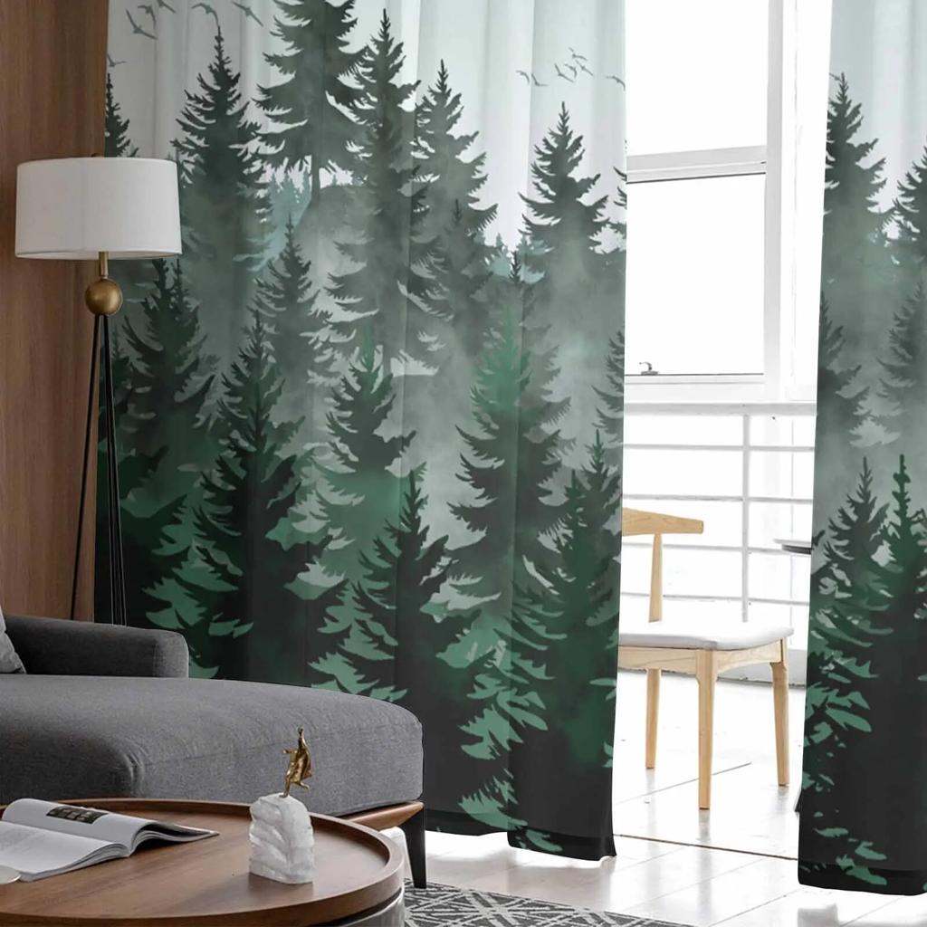 Watercolor Forest Bird Dark Green Bedroom Curtains Tulle Sheer Curtain Living Room Home Decor Voile Drapes