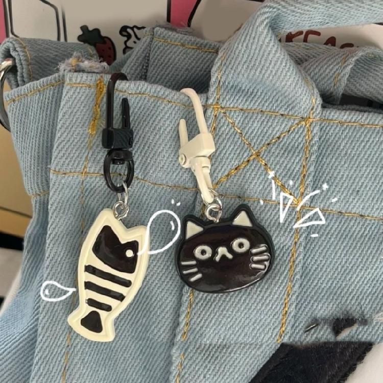 Black White Feline and Fish Key Chain Charm Accessories Pet Themed Keyring Bag Pendant Handmade Gift for Cat Lovers