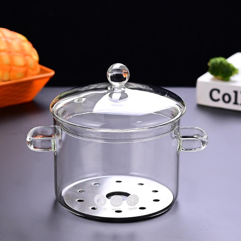 Transparenter Glastopf mit großem Fassungsvermögen, verdickter temperaturbeständiger doppelohriger Instant-Nudeltopf mit Deckel, kann mit offener Flamme erhitzt werden, Gesundheitstopf