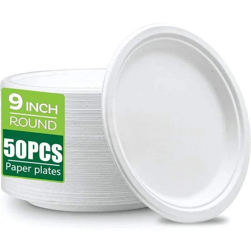 50PCS Disposable Round Plates Disposable Kitchen Dishes Barbecue Pasta Salad Noodle Desserts Restaurant Circular Paper Plates