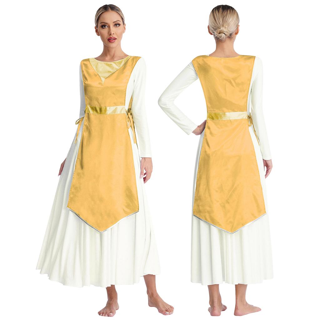 Womens Church Worship Robe Choir Performance Tunic Metallic Patchwork Lace-Up Sides Split Satin Dress Dancewear