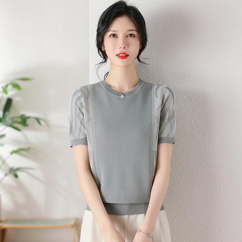 Elegant Ice Silk Knit Short Sleeve Top - Women's Summer Style