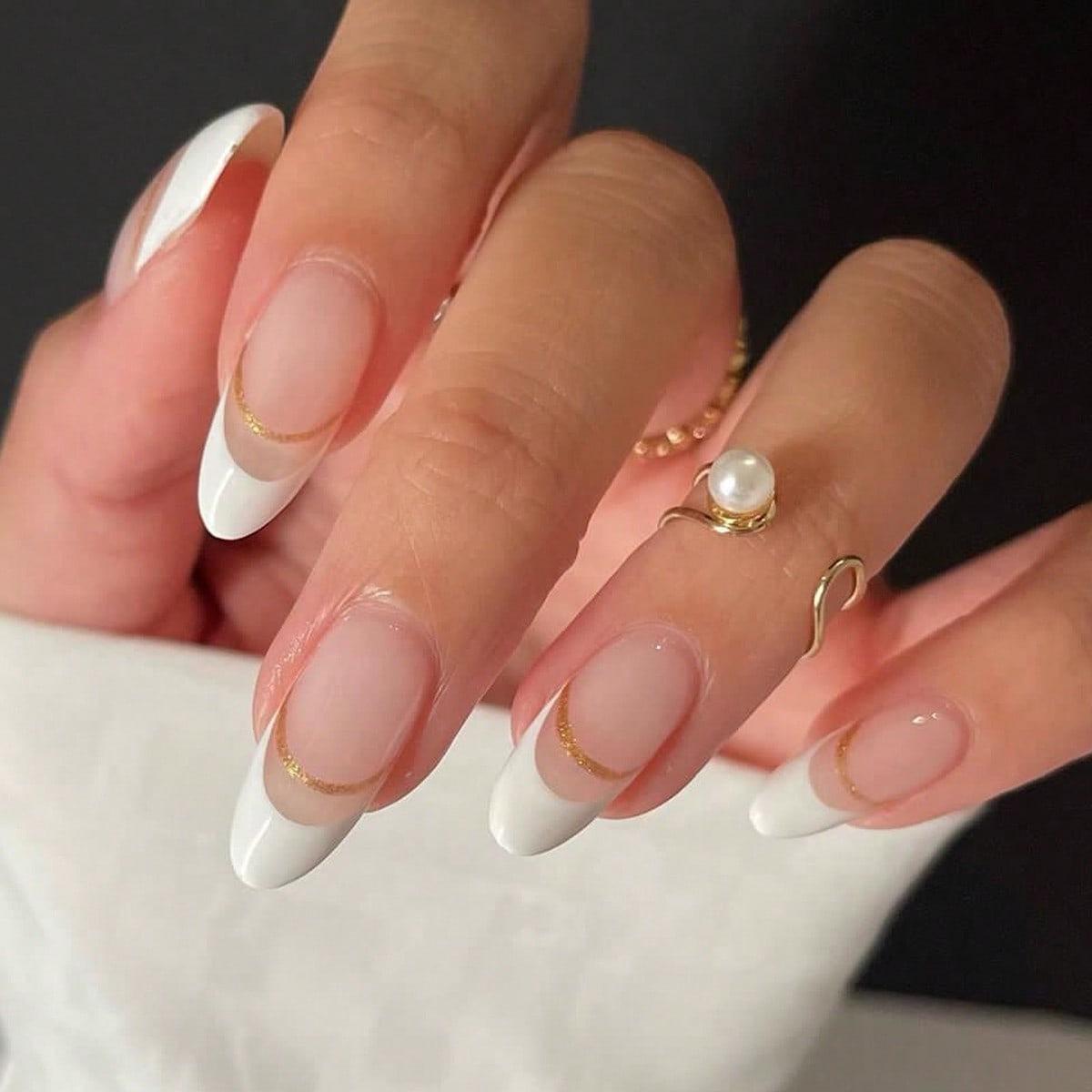

Best-Selling Almond Shape French Tip False Nails - White Manicure Wearable Nail Tips