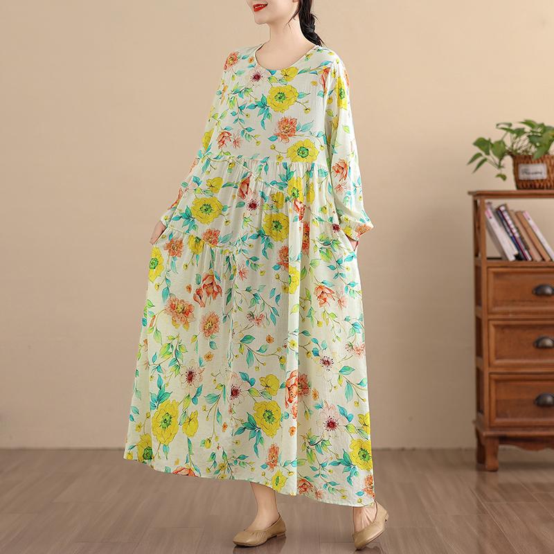 DIMANAF New 2025 Women Plus Size Spring Long Dress Loose Basic Vintage Oversize Long Sleeve Maxi Floral