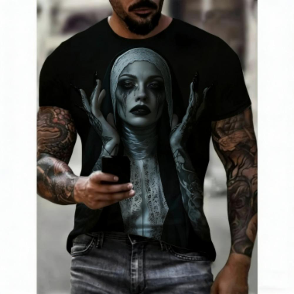 Fashion Tattoo Nun 3D Printed T-Shirt For Men Cool Pattern Tees Summer Casual Round Neck Short Sleeve Tops Street Tee Shirts