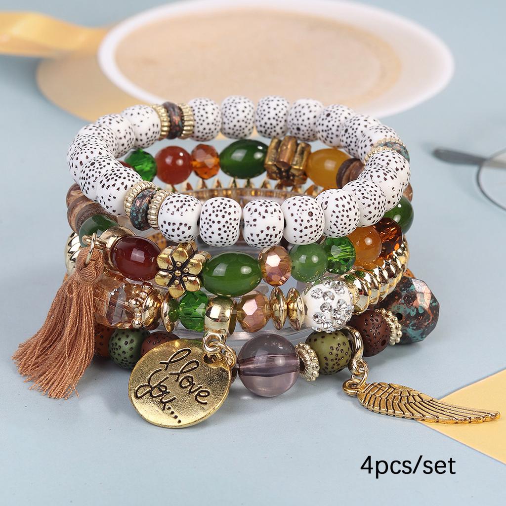 Bohemian Beaded Bracelet Set, Women's Stackable Stretch Bracelets with Tassel & Wing Charm