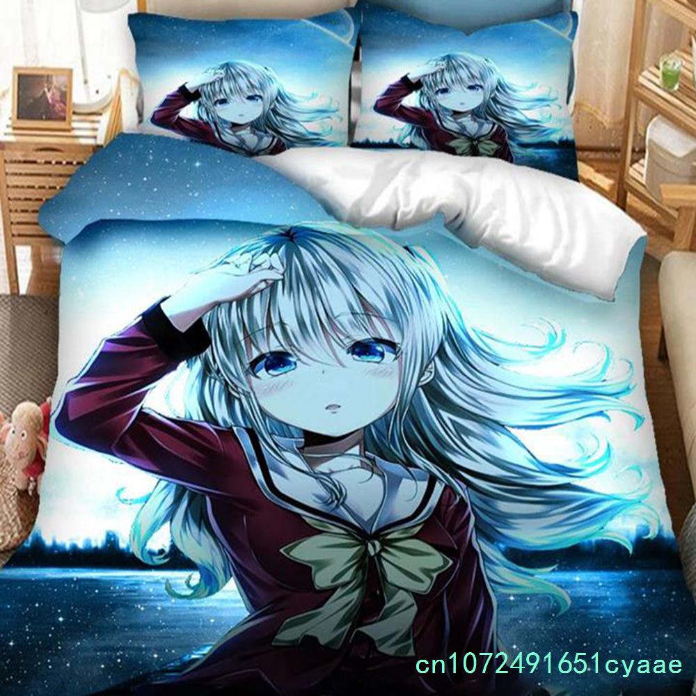 3 Stück einseitig bedruckte Bettbezüge Anime Charlotte bedruckte Bettwäsche-Sets Bequeme Tagesdecken Steppdecken Bettdecken Geburtstagsgeschenk