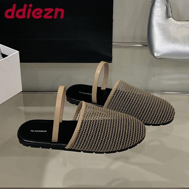 Fashion New 2025 Fashion Round Toe Ladies Flats Slippers Shoes Female Summer Beach Slides Mesh Women Flats Slippers Sandals Shoes Mules