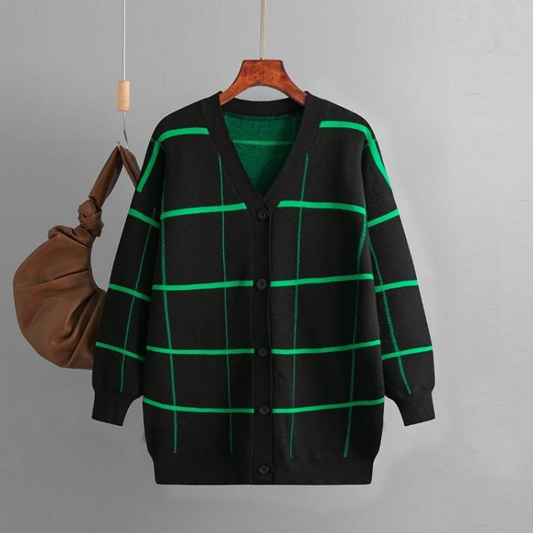 Autumn Winter Women Jacquard Sweater Loose Knit Coat V Neck Long Patterned