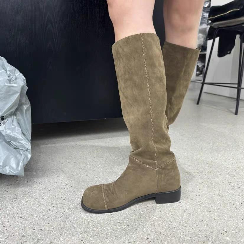 

Ретро замшевые квадратный носок низкий каблук высокие сапоги осень и зима новая кожа универсальные но ботфорты женщины 40 темные хаки