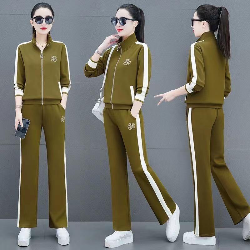 Casual Sportswear Suit for Women, Spring and Autumn Embroidered Temperament Loose Jacket, Middle-aged Mother's Two-piece Set