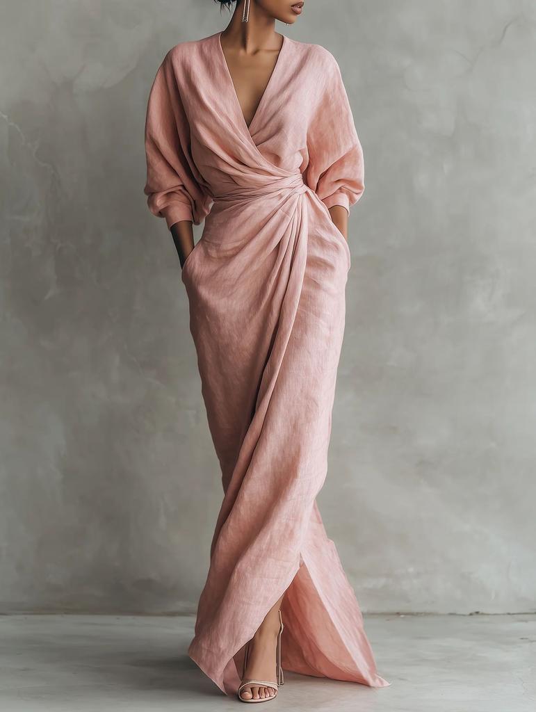 2026 European and American high-end linen wrap dress deep V bat sleeve waist pleated split fork with pocket dress