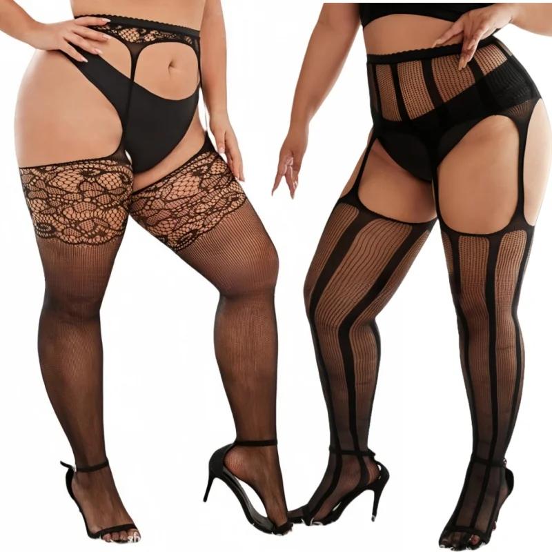 Oversized Women Hollow Black Fishnet Pantyhose Plus Size Knee Thigh High Sheer Sexy Lace Stockings Lingerie Socks Tights 5Xxxxxl