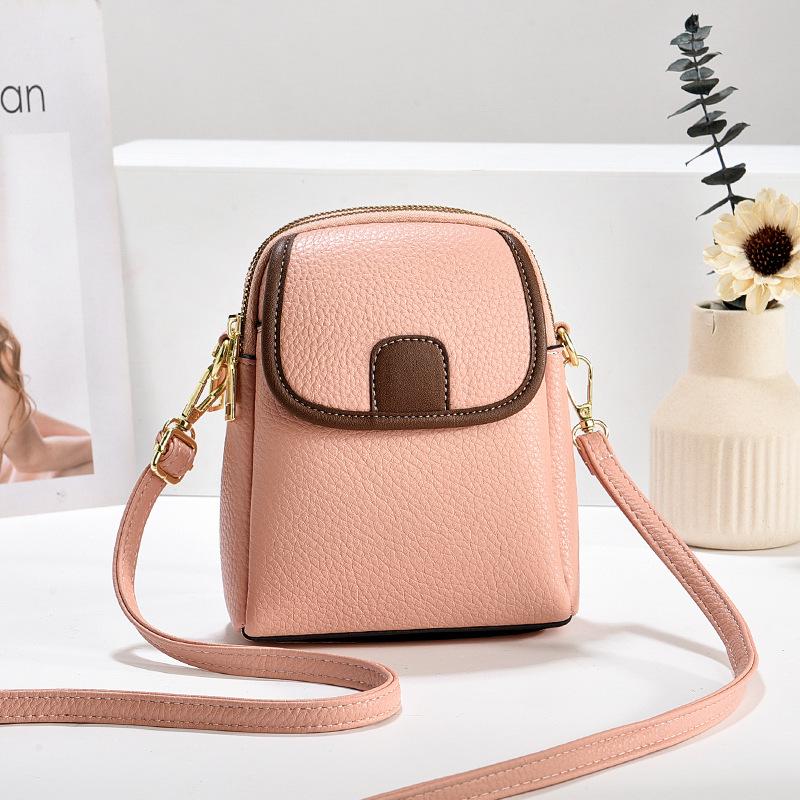 2025 Summer Korean Style Lychee Color Block Phone Crossbody Bag