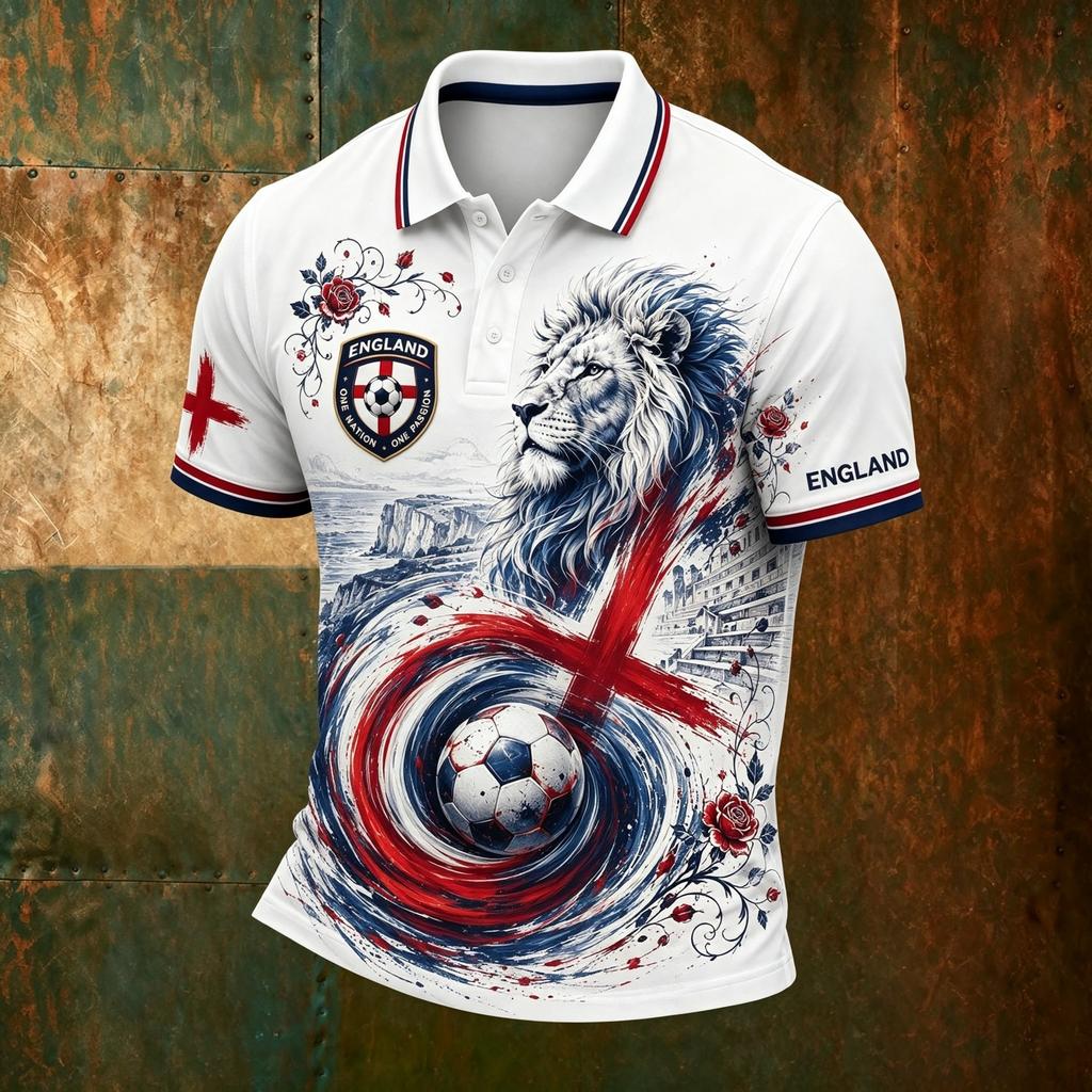 Men's Football Polo Shirt England Inspired Classic Fit Short Sleeve Sports Jersey Breathable Lightweight Fabric