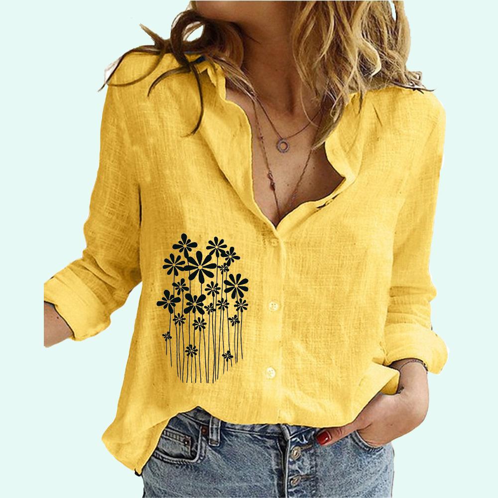 

Женская мода блузки с цветочным принтом женский хлопковый льняной топ с лацканами Повседневная свободная футболка с длинным рукавом на пуговицах 5XL жёлтый