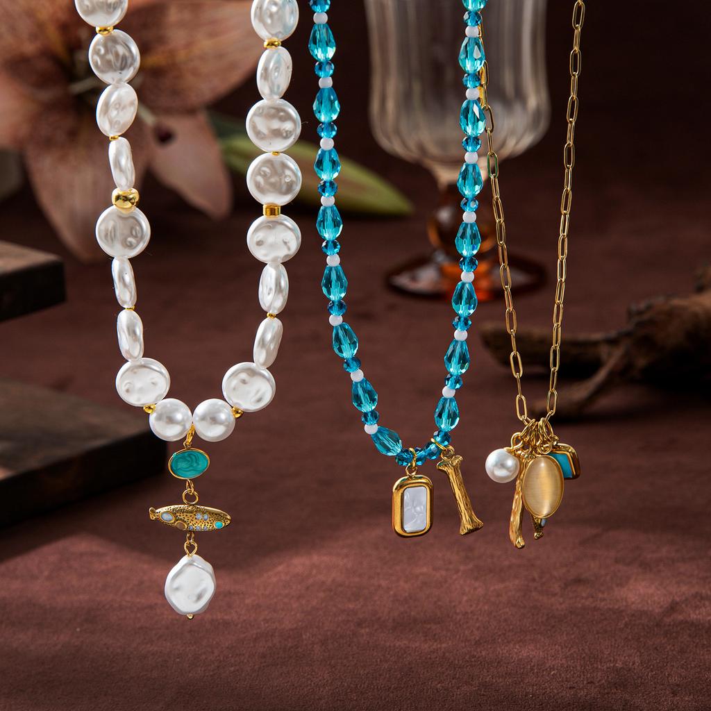 Summer Beach Series Small Fish Pearl Pendant Necklace Earrings Ocean Natural Pearl Baroque Collarbone Chain