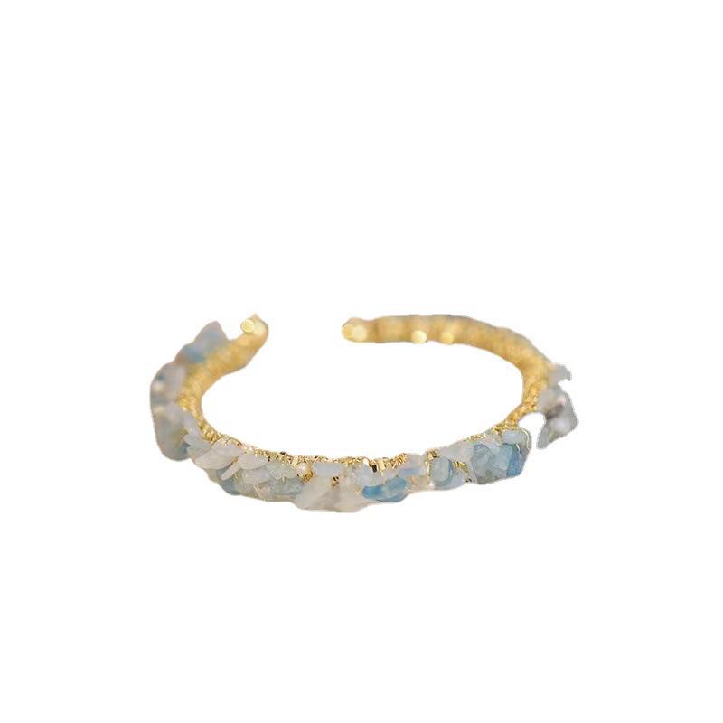 Exquisite Geometric Pearl Gold & Green Aventurine Open Bangle Bracelet