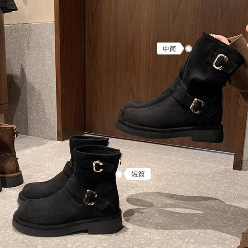 Leather medium boots women's autumn and winter new retro locomotive buckle with round head thick sole heightening western knight Martin boots