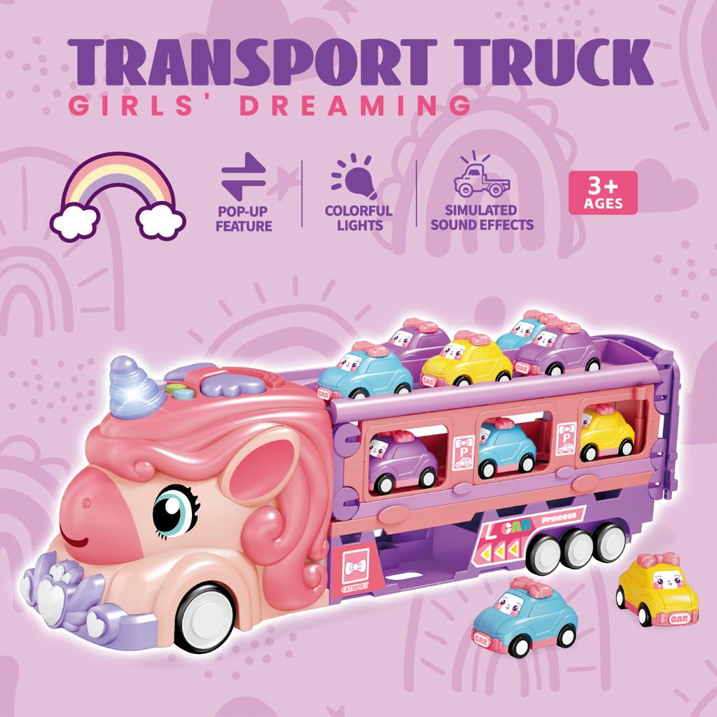 Różowy Ciężarówka Transportowa Jednorożec Zabawka z Trybem Rozkładanego Toru, Składane Przechowywanie, Efekty Świetlne i Dźwiękowe, Zawiera 6 Mini Samochodzików, Samochodziki Zabawki