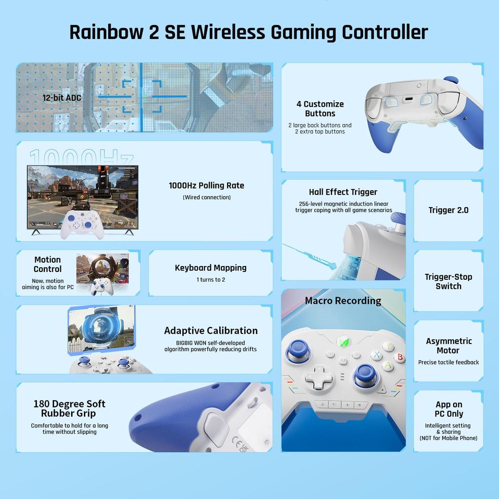PC BIGBIG WON Rainbow 2 SE Wireless Controller Motion Hall Effect 12 Bit 3 Sätze PC-Controller für Controller, Steuerung, Trigger, ADC, Joysticks,