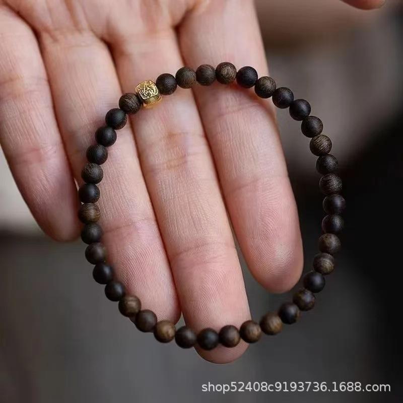 Perline Buddiste di Legno di Agarwood Naturale del Brunei Materiale Vecchio Perline Piccole a Chicco di Riso per Uomo e Donna 4mm + Bracciale Wenwan Originale a Cerchio Singolo per Coppia