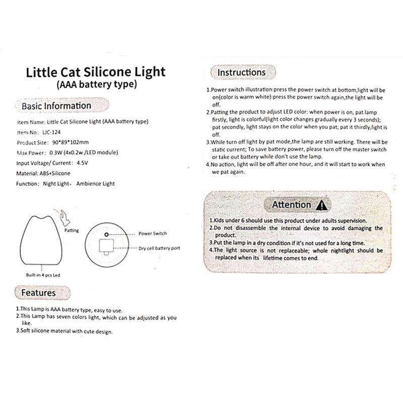 Wasserhahngesteuertes Nachtlicht mit 7 Farbwechseln, Tischlampe aus Silikon, süßes Katzenlicht, bezauberndes tragbares Kinderzimmer, bezaubernde Katzenform