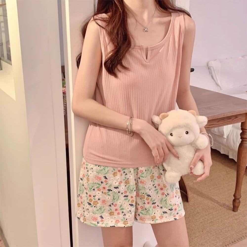 

Летняя майка пижама Новый милый свободный комплект домашней одежды без рукавов для женщин XL розовый