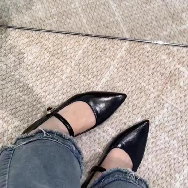 Temperament Mary Jane shoes women's one-button commuter pointed low-heeled soft leather soft-soled single shoes