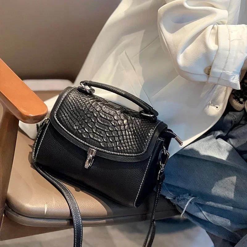 Female Cowhide Versatile Handbag Women Cow Real Leather Crossbody Bag Ladies Retro Fashi Temperament Square Shoulder Bag Purse