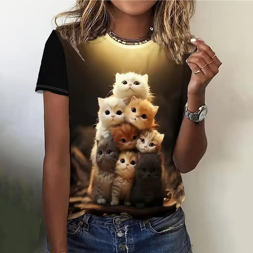 Women's T-shirt 3D Cartoon Animal Print Casual Round Neck Short Sleeved Summer Loose Top Y2k T-shirt