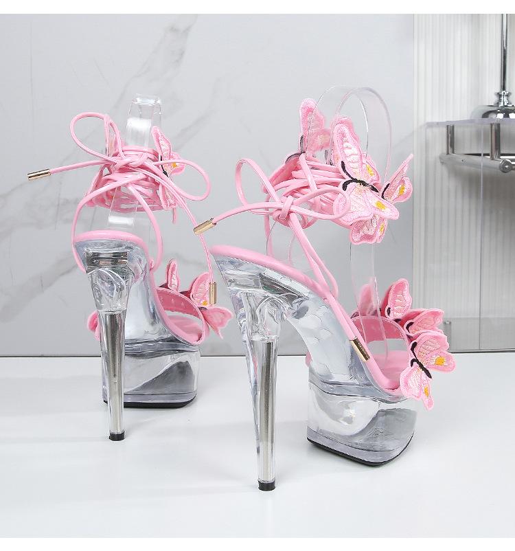Strap Shoes Butterfly Sexy Super High Heels 15CM Thin Heel Waterproof Platform Sandals Transparent Crystal LFD
