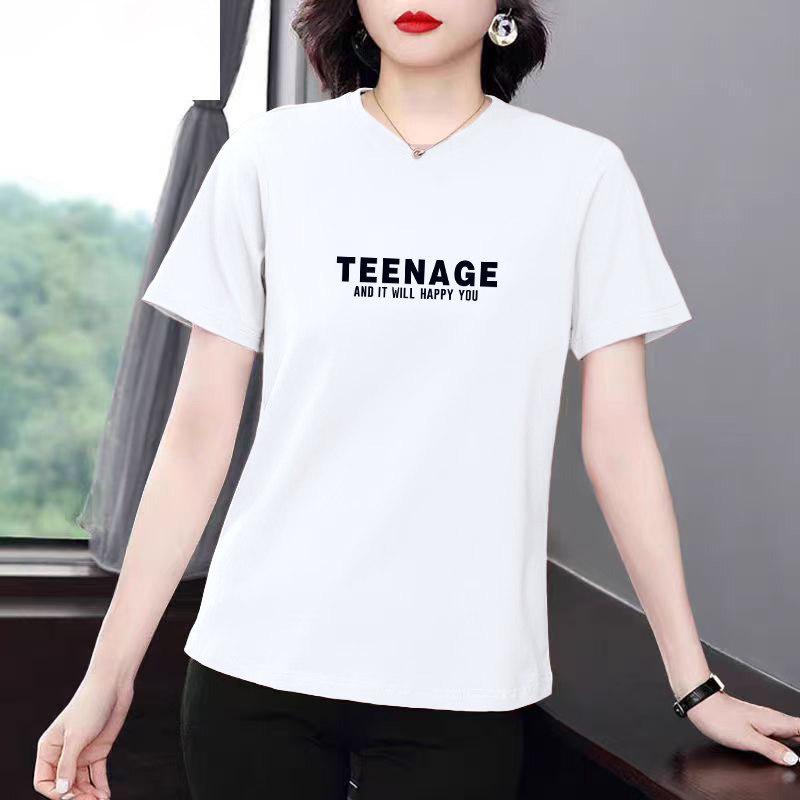 Plus Size Women's Loose Short Sleeve T-shirt, Summer Letter Print, Tummy Covering, Regular Shoulder, Clearance