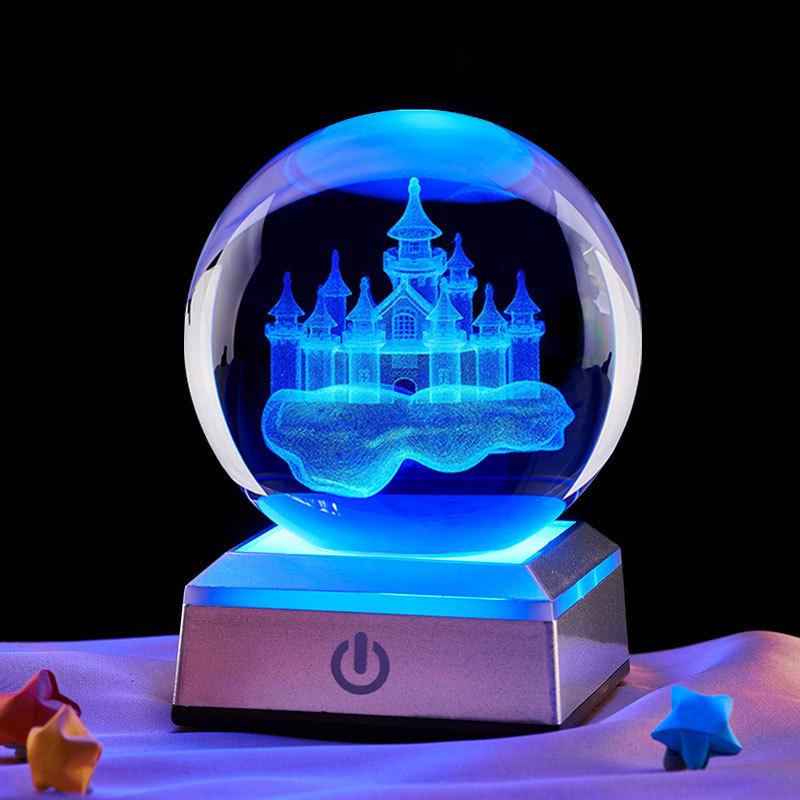 3D Carved Castle in the Sky Crystal Ball Night Light – Luminous Glass Ornament & Valentine's Day Gift