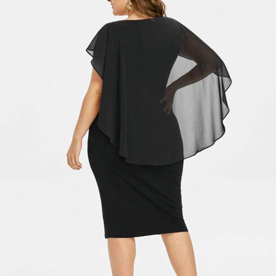 O-Neck Short Sleeve Chiffon Shawl Pleated Decor Women Dress Solid Color Plus